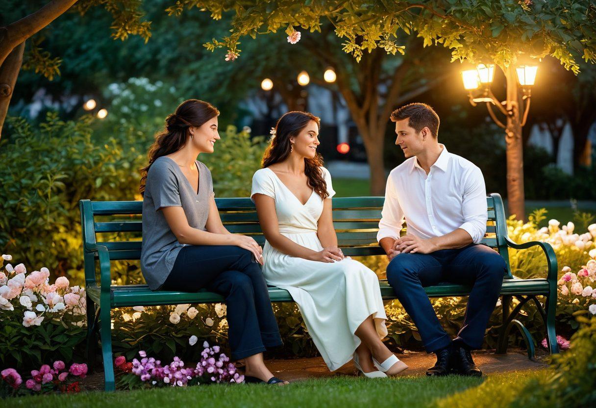 A serene couple sitting on a lush green park bench, sharing an intimate conversation while surrounded by blooming flowers. There are soft, glowing lights around them, symbolizing warmth and connection. The couple is depicted in a gentle embrace, with expressive faces conveying love and trust. A tranquil sunset casts a golden hue over the scene, enhancing the romantic atmosphere. super-realistic. vibrant colors. warm lighting.