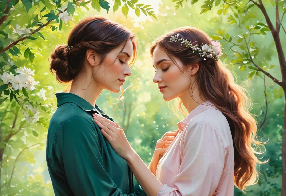 A beautifully intertwined scene depicting two friends in a park, sharing a thoughtful gaze, with blooming flowers symbolizing love's growth around them. Soft sunlight filters through vibrant green trees, illuminating their connection, while subtle hints of romance are captured in their body language. The background features a gentle breeze rustling leaves, creating a serene atmosphere. watercolor painting style. warm pastel colors.