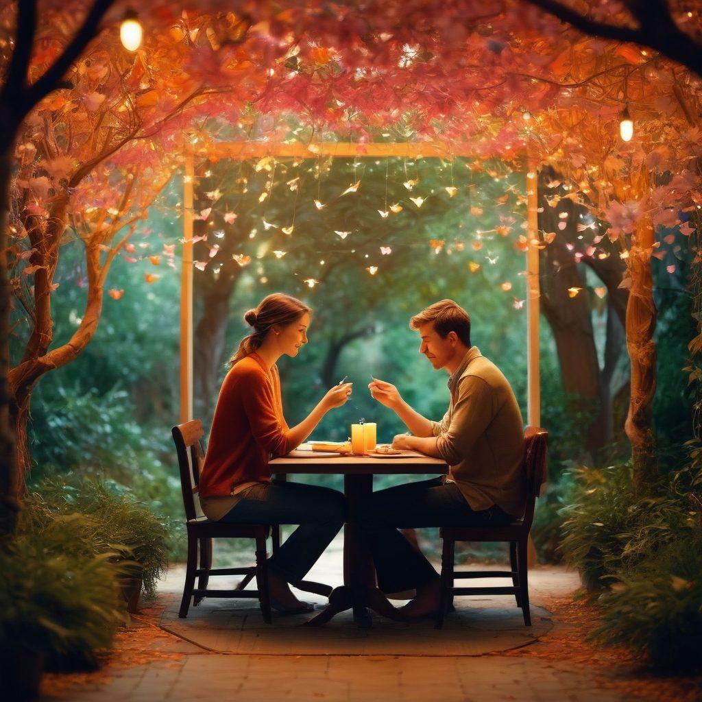 A warm and inviting scene depicting a couple engaged in deep conversation, with soft lighting that highlights their expressions of understanding and empathy. Surround the couple with symbolic elements like flying paper cranes representing communication and strength, and a gentle background of intertwined vines symbolizing emotional connections. The atmosphere should evoke a sense of warmth, trust, and intimacy. super-realistic. vibrant colors. soft focus.